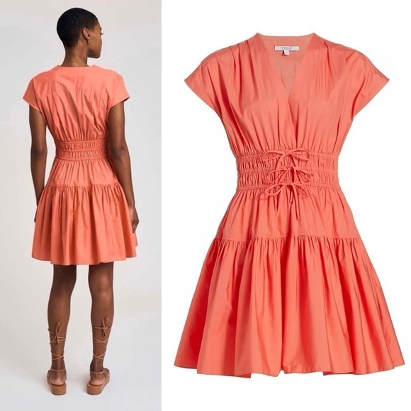 DEREK LAM Coral Cotton Smocked Ruched Tie Waist Short Sleeve Flare Mini Dress 12 - Picture 11 of 13